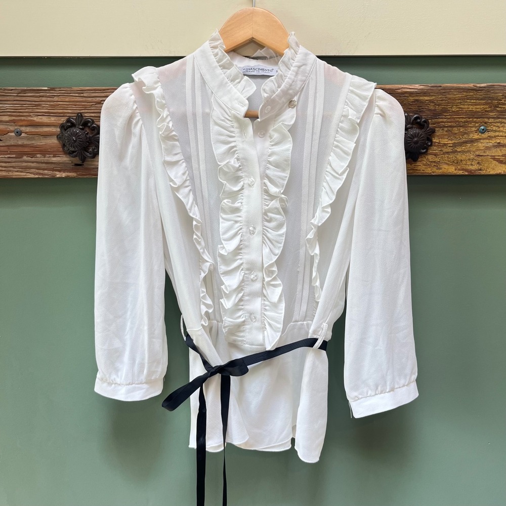 Rinascimento White Ruffle Pintuck Blouse Made in Italy Black Waist Tie Small